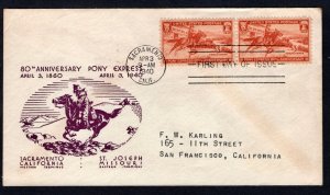 US 1940 3¢ Pony Express Stamp#894 FDC Sacramento CV $12