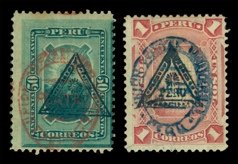 PERU 1883 SUN God of Incas  -Triangle +UPU Peru Ovpt. Sc# 77-78 mint MH Scarce