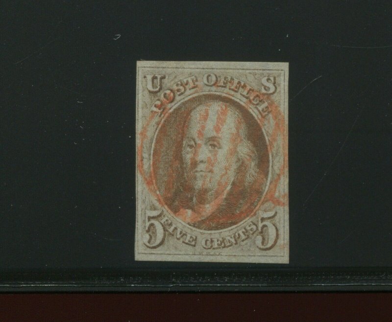 1 Franklin Imperf Used Stamp with Red Cancel with PSAG Cert (Stock 1 A33)