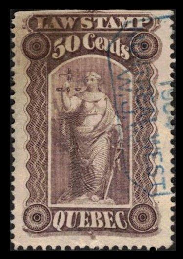 QUEBEC REVENUE TAX 1893 VINTAGE 50c #QL36 GREEN USED LAW STAMP, RARELY OFFERED