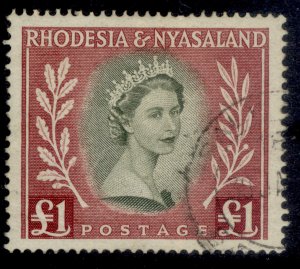 RHODESIA & NYASALAND QEII SG15, £1 olive-green & lake, FINE USED. Cat £32.