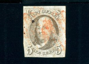 USAstamps Used VF US 1847 Franklin 1st Scott 1 Grayish Brown Var +Red Cancel