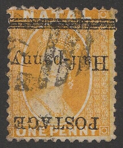 NATAL 1877 'POSTAGE Half-penny' on QV Chalon 1d yellow, error INVERTED.