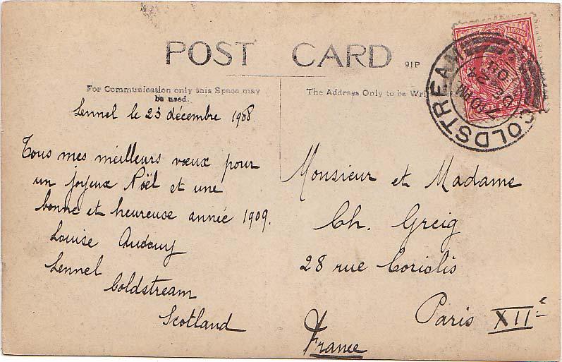 Great Britain 1d KEVII 1908 Coldstream to Paris, France.