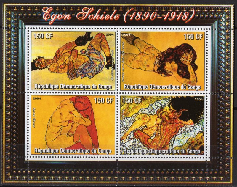 Congo Kinshasa 2004 EGON SCHIELE FAMOUS NUDES PAINTINGS Sheetlet (4) MNH