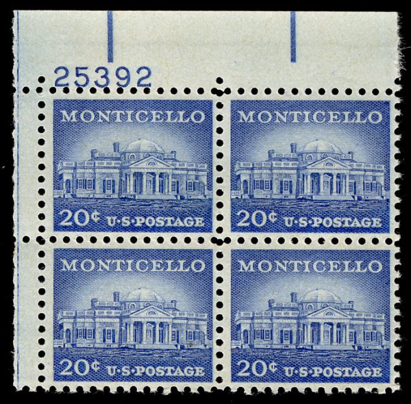 US #1047 PLATE BLOCK, VF/XF mint never hinged, 20c Monticello, post office fr...