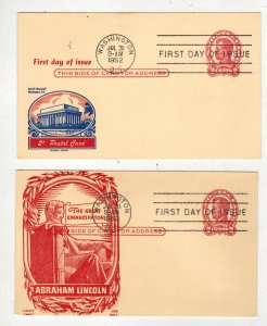 1952 SET OF 2 CACHETS UX43 ABE LINCOLN POSTAL CARD - Fluegel + Boll Nice!