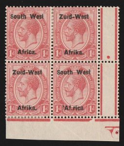 SOUTH WEST AFRICA 1923 setting I KGV 1d block of 4 variety Af.rika for Africa.