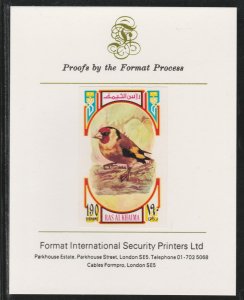 RAS AL KHAIMA 1972 BIRDS - GOLDFINCH  imperf on FORMAT INTERNATIONAL PROOF CARD