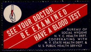 Vintage 1939-1942 US Poster Stamp See Your Doctor Be Examined Have A Blood Test