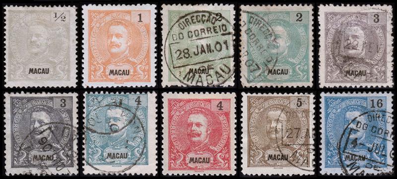 Macao Scott 75a, 76a, 77-78, 80-84, 95 (1898-1903) Used/Mint H F-VF, CV $59.40 B