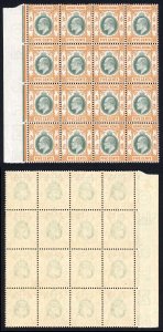 Hong Kong SG65 5c dull green and brown-orange Wmk CA block of 16 FRESH U/M