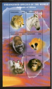 Tanzania 1998 - Endangered Species Animals - Sheet of 6 Stamps Scott #1630G MNH