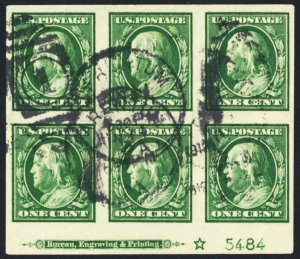 383, Used 1¢ XF Plate Block of Six Stamps * Stuart Katz