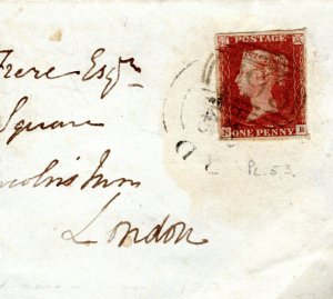 GB Norfolk Cover *SHIPDHAM* Straight-Line 1d Red Plate 53 CDS 1845 N16a