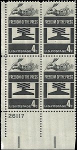 Scott # 1119 1958 4c gray blk  Symbols of a Free
Press  Plate Block - Lower L...