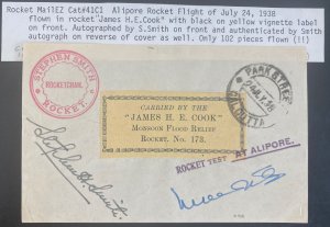 1938 Calcutta India Experimental Rocket Flight cover Alipore James Cook Carried