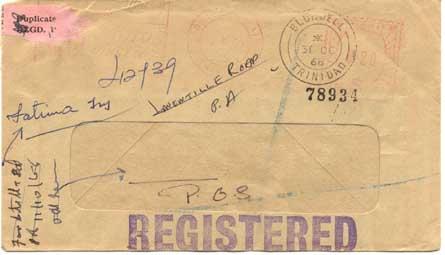 Trinidad 20c Meter 1968 Port of Spain, Trinidad Registered to Blundell.  Tear...