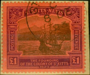 St Kitts & Nevis 1923 £1 Black & Purple-Red SG60 V.F.U on Piece 'Madame Josep...