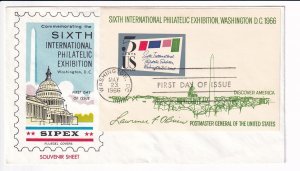 1966 Sipex Souvenir Sheet, Fluegel Cachet, Sc #1311, Washington, D.C. (S33043)