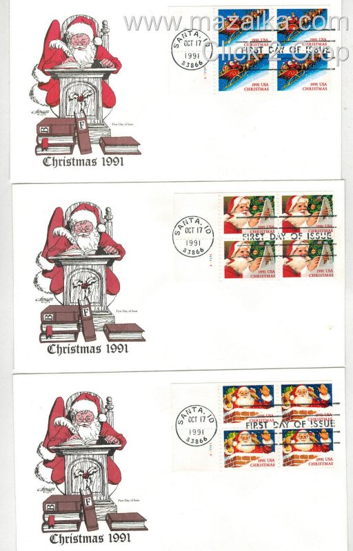 1991 SANTA CLAUS CHRISTMAS SET OF 5 DIFF PLATE # BLOCK FDCs SANTA IDAHO CANCELS