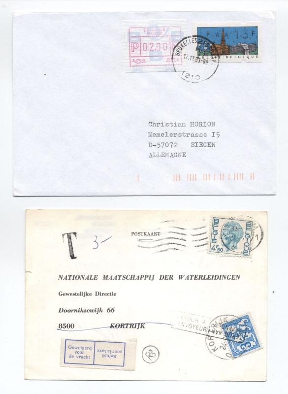 Pair of Belgium covers - postage due on water meter card, frama stamps [L.98]