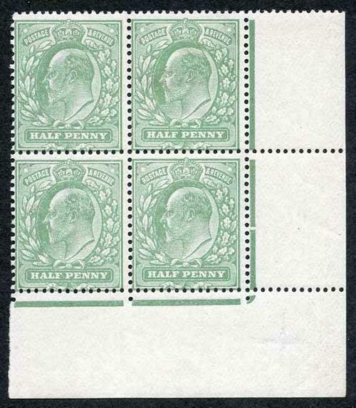 KEVII 1/2d Pale Bluish Green Harrison 14 x 15 BLOCK 3 x U/M