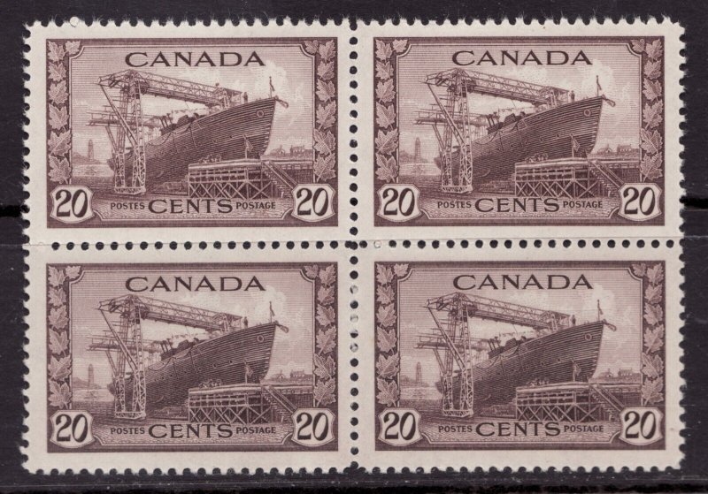 1942 Canada #260 Block of 4 - 20¢ KGVI Corvette War Stamps - MNH  cv $90