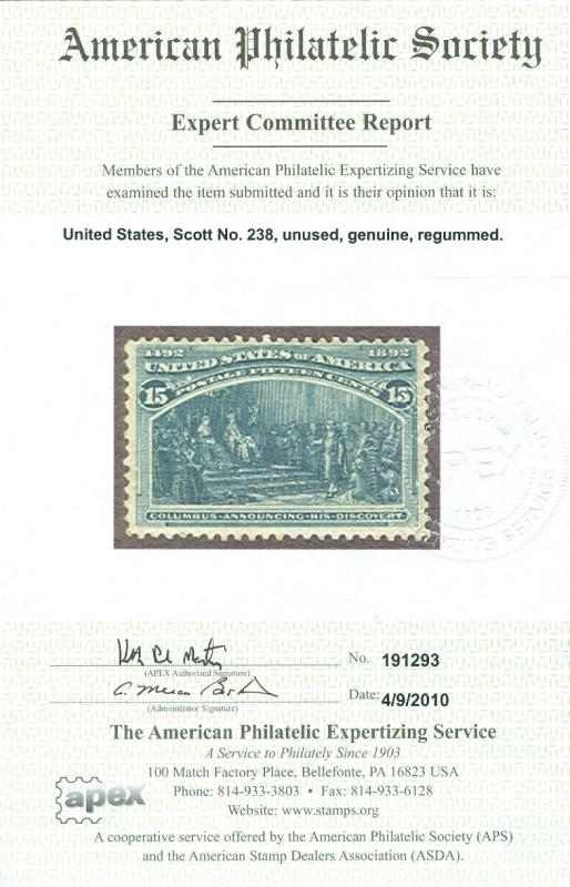 EDW1949SELL : USA 1893 Scott #238 Mint, regummed. Catalog $225. APS Certificate.
