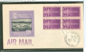 US 852 1939 3c Golden Gate Exposition (block of four) on an unaddressed first day cover with an Ioor cachet.