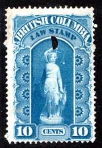 BCL1, 10c, used, British Columbia Law Revenue, 1st issue, Victoria punch, Canada