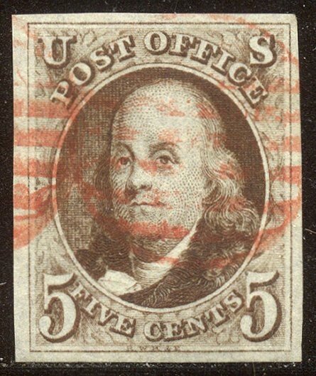 U.S. #1 CHOICE Used XF - 5c Red Brown