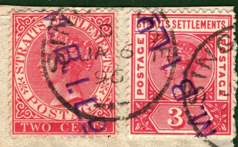 Malaya Straits SINGAPORE QV Stamps{2} Private Security Pre-Cancel 1896 ORANGE255 
