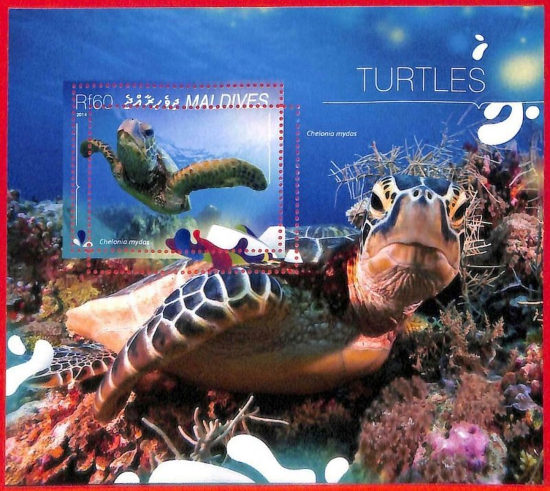 A4165 - MALDIVES - ERROR MISPERF, Souvenir sheet: 2014, Turtles, Marine Life