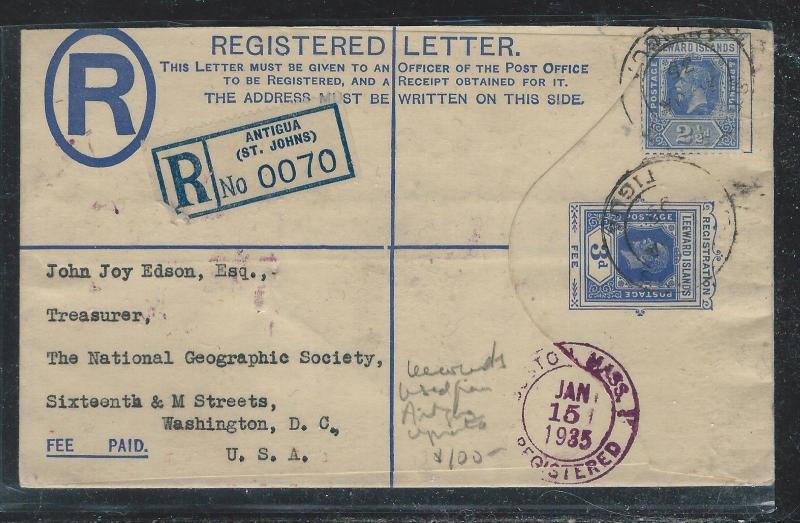 LEEWARD ISLANDS (P2712B) 1935  KGV 3D RLE UPRATED 2 1/2D ANTIGUA TO USA