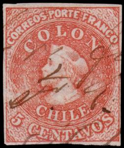 Chile Scott 14 (1865) Used H F-VF, CV $20.00 B