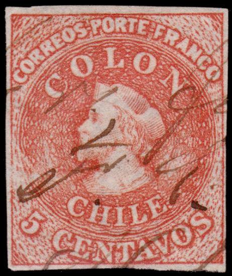 Chile Scott 14 (1865) Used H F-VF, CV $20.00 B