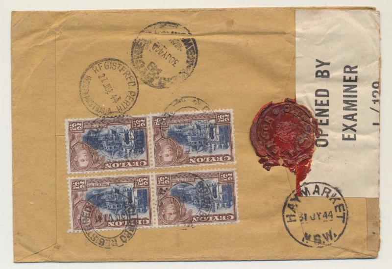 CEYLON -AUSTRALIA 1944 REG CENSOR COVER+SEAL, 3R25c RATE (SEE BELOW