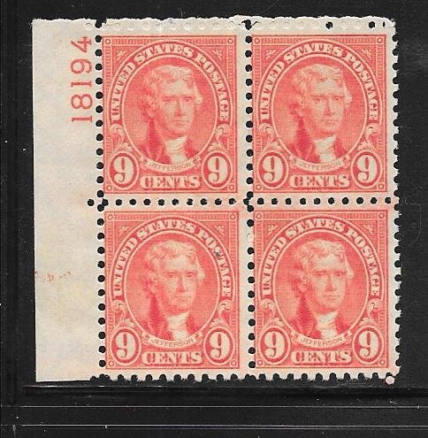 US# 590 9c Jefferson plate block of 4,(MNH) CV.$225.00