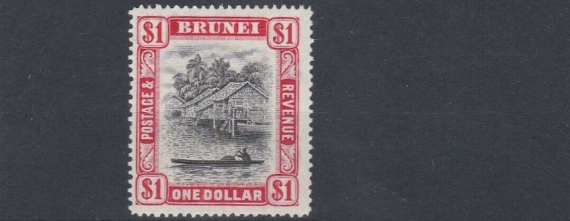 BRUNEI  1947 - 51  S G  90  $1  BLACK & SCARLET     MH  LIGHTLY   TONED 