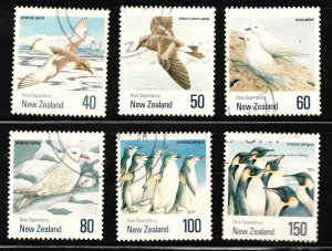 1990 New Zealand Sc #1008-1013  Birds - penguins, petrels, lulmar  Used set Cv$7