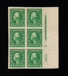 SCARCE SCOTT #408 MINT OG NH PLATE #A 5727 BLOCK OF 6 AT RIGHT FULL BEP IMPRINT