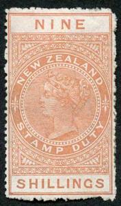 New Zealand SG F65 9/- Orange Postal Fiscal M/Mint