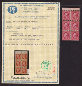 1908 Washington 2c booklet pane Sc 332a position E MNH full OG XF PF certificate