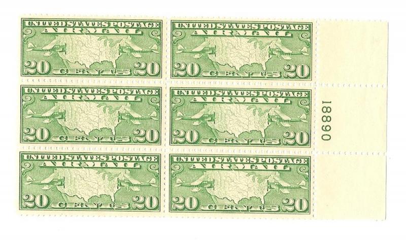 1926-27 C9 $.20 Air Mail Plate Block of Six.  MNH.  VF-EF.