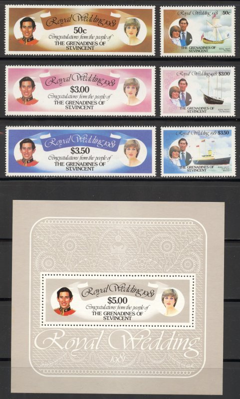 St Vincent Grenadines Scott 209-15 MNHOG - 1981 Royal Wedding Set - SCV $3.30