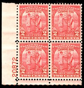 US #717 2c Arbor Day, Plate Block, VF/XF never hinged, very nice!