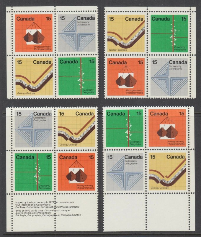 Canada Uni 585b MNH. 1972 15c Earth Sciences, Matched Sheet Corner Blocks, VF