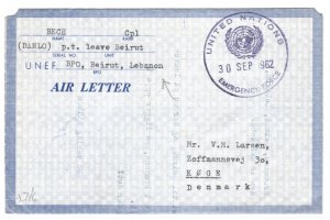 LEBANON Air Letter 1962 *UNITED NATIONS* EMERGENCY FORCE Soldier Denmark MA320