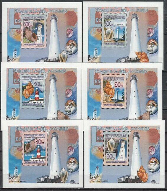 Guinea, 2008 issue. Lighthouses and Shells, 6 Deluxe s/sheets. ^